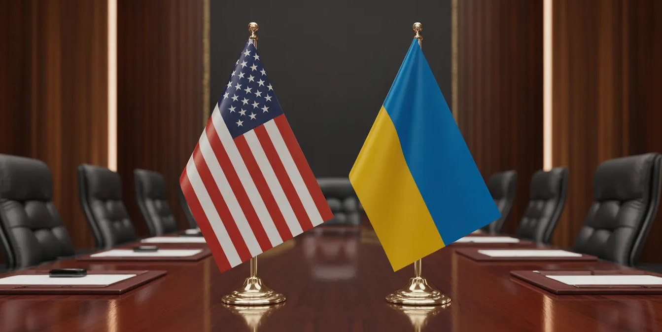 флаги США и Украины на столе переговоров