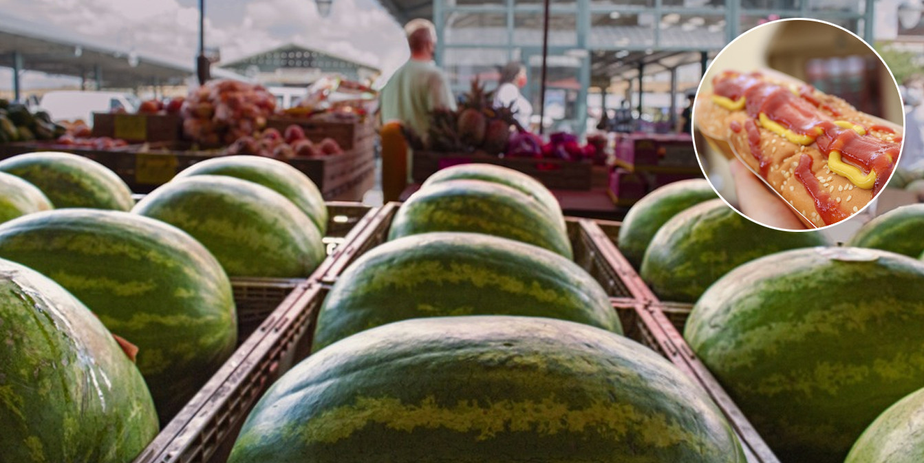 арбузы и другие продукты на рынке, а также хот-дог - уличная еда