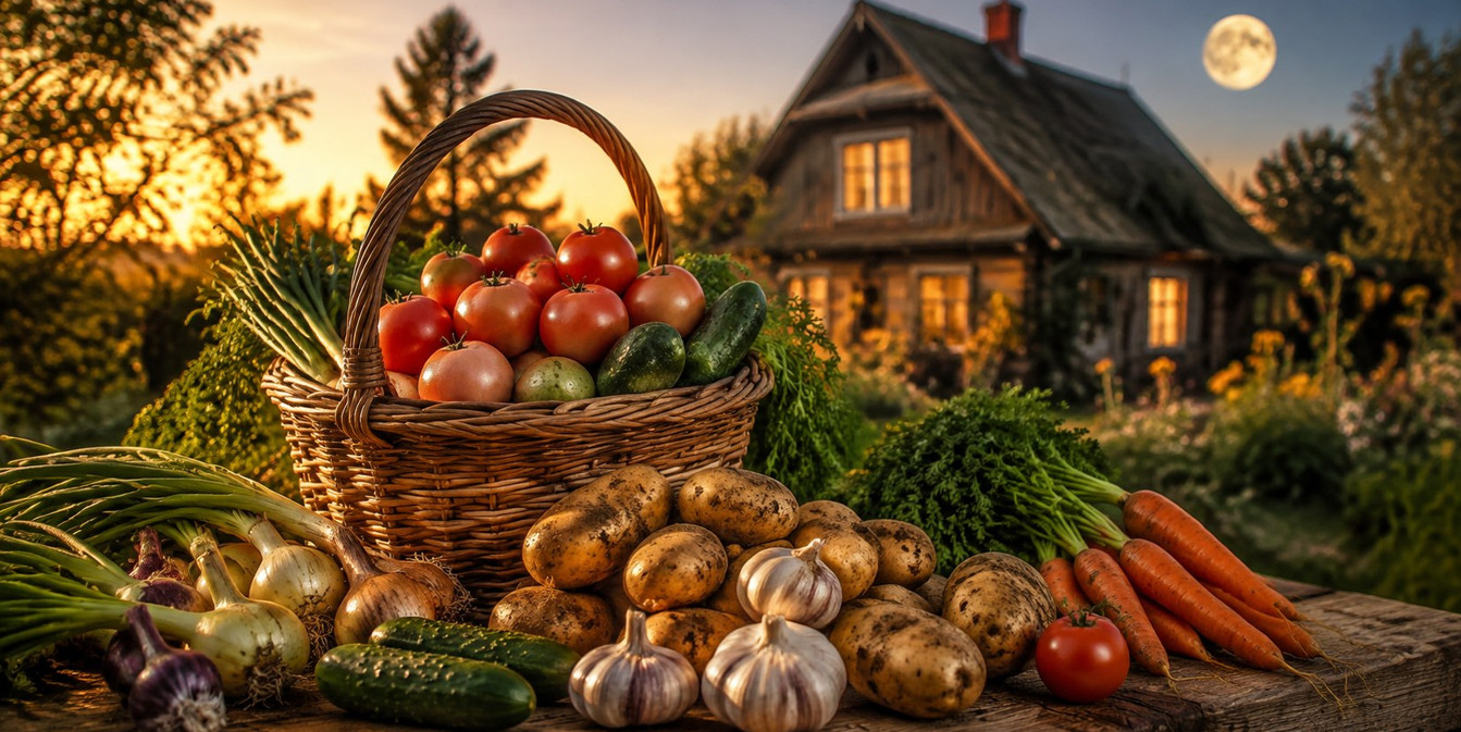 Августовский урожай на столе в деревенском белорусском саду. Плетеная корзина, наполненная помидорами, огурцами, луком, чесноком и картошкой. На заднем плане загородный дом и луна.