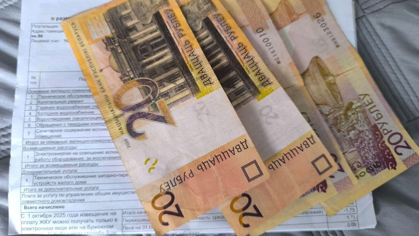 квитанция по оплате коммунальных платежей и купюры по 20 белорусских рублей: техническое обслуживание